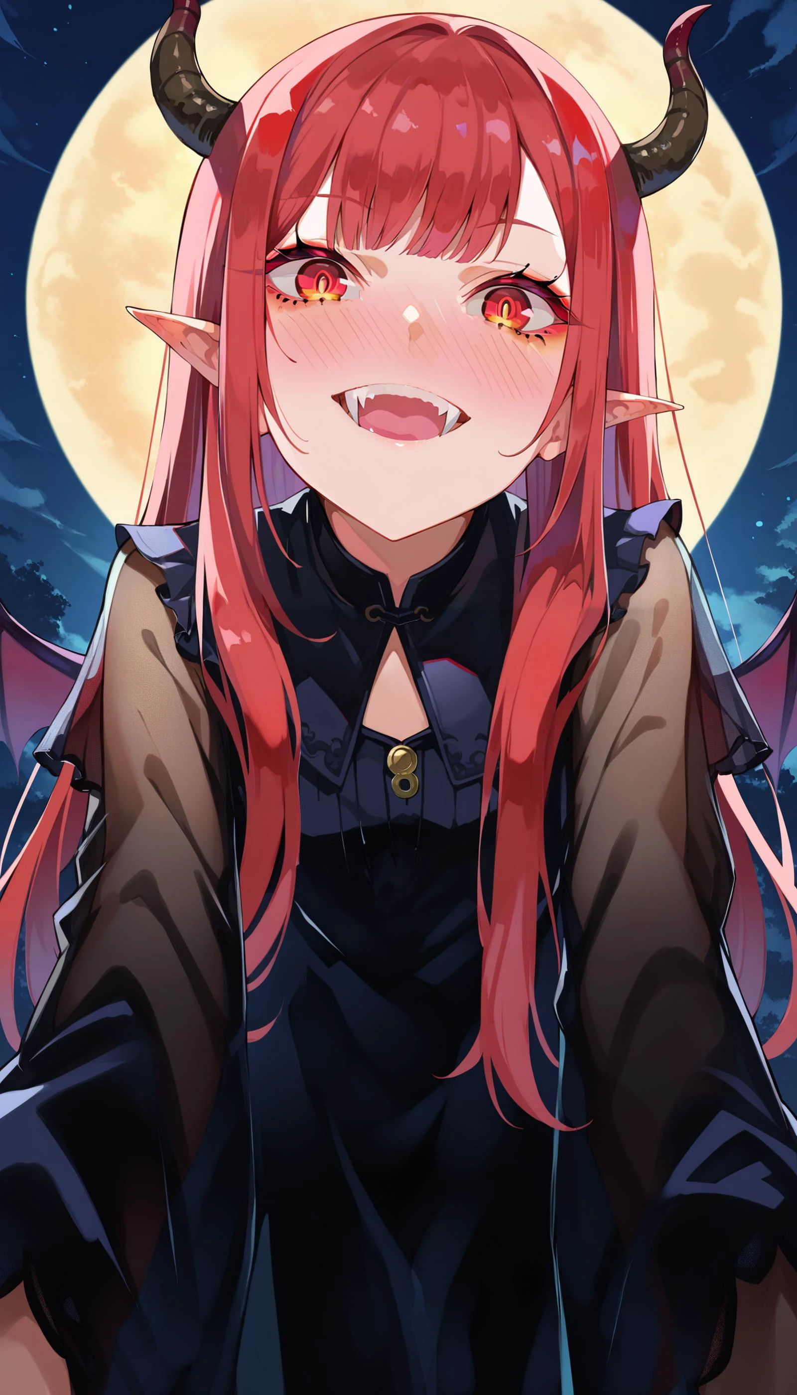 score_9, score_8_up, score_7_up, score_6_up, source anime,
nirampnxl, kitagawa marin, 1girl, long hair, red hair, pointy ears, full-face blush, demon horns, bat wings, red eyes, fangs out, looking at viewer, grin,
pov from below, leaning forward, pov imminent kiss, open mouth, see-through sleeves,
outdoors, full moon, dappled moonlight, night sky, scenery,
volumetric lighting, low key, high contrast, dark theme, vivid color,
masterpeice, best quality, very aesthetic, absurdres
<lora:LAMXLP6lokrV4236:0.8>
<lora:kitagawa_marin_pony:0.4>