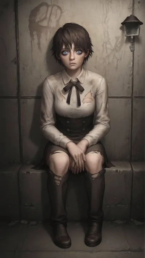 score_9, score_8_up, score_7_up, score_6_up, score_5_up, score_4_up, source_anime, rating_explicit, nsfw, adult, <lora:ZoeBakerPDXL:0.7>zoebaker, zoe baker, ripped and dirty circus ringmaster costume with a bloodstained top hat and torn tailcoat, paired with scuffed dress shoes, blending classic showmanship with horror elements,frantic, bloodied face, ragged clothes, terrified eyes, disheveled hair, dark, abandoned subway tunnel, rusting tracks, graffiti-covered walls, dim flickering lights, eerie atmosphere,sitting with back against a wall, face hidden in hands, body shaking, eyes peeking through fingers, dirty and torn clothing, expression of deep fear and vulnerability, horror \(theme\), realistic eyes, ,