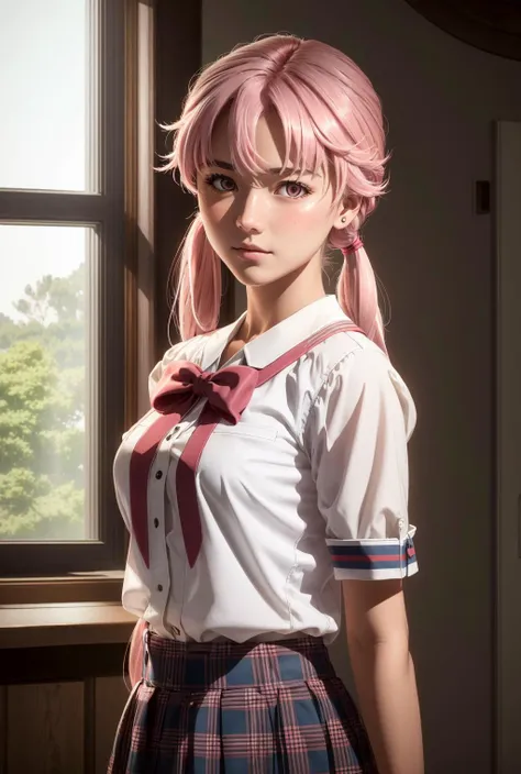Yuno Gasai, pink hair,long hair,pink eyes,blush,twintails,medium breasts, <lora:Юна ÐаÑай денвник(Yuno Gasai, pink hair,long hair,pink eyes,blush,twintails,medium breasts(school uniform,bow,skirt):1>,school uniform,bow,skirt, 1girl in full growth, best quality, masterpiece, ultra-detailed, high quality, perfect nose, highly detailed skin, warm skin tone, defiance512, RAW photo, best quality, high resolution, (masterpiece), dreamlike, dreamy, modelshoot style, analog style, tonemapping, photorealistic, professional photography, sharp focus, HDR, 8K resolution, intricate detail, sophisticated detail, hyper detailed, (depth of field), highlight and shadow, volumetric lighting, cinematic bloom, professional light, looking at viewer, blotchy,