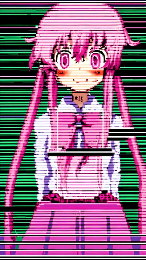 <lora:OGT_Yuno_Gasai-v1:0.8> Yuno Gasai, 1girl, solo, pink hair, long hair, school uniform, smile, blush, pink eyes, arms behind back, skirt, twintails, bow, <lora:Glitching:0.8> (Glitching, glitch, pixelated)