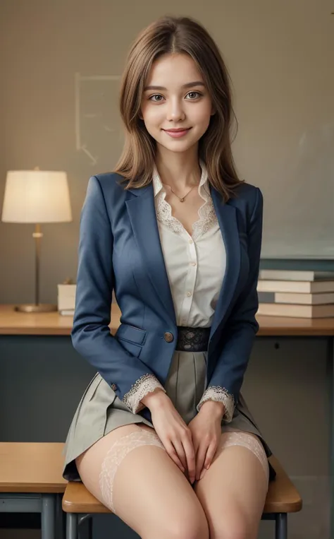Epic style <lora:6ParDet-ColCin-nM:0.35>, Taking her seat at the desk, the new teacher settles with an air of quiet confidence. Her skinny figure conveying a sense of purpose and authority. Dressed in professional attireâa fitted floral blazer paired with a knee-length skirt and (subtly patterned lace stockings)âshe commands attention even as she sits at her desk. Her welcoming smile radiates warmth and approachability, inviting students to engage with her. With her slender frame, she exudes a subtle yet undeniable protruding feminine presence, earning admiration from those around her., masterpiece, best quality, 8k, insane details, intricate details, hyperdetailed, hyper quality, high detail, ultra detailed, clear shadows and highlights, intense, enhanced contrast.