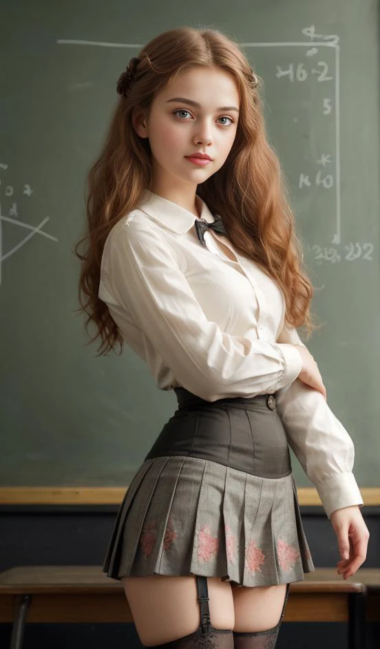 anime artwork ((The new teacher at school, her ruby-red curls cascading around her face, confidently stands before the blackboard, its surface adorned with complex equations and diagrams. Dressed in the school uniform of a crisp white shirt and a pleated skirt, she exudes elegance with the subtle hint of a garter belt and laced stockings, adding a touch of sophistication to her appearance.)), Elegant Victorian Brilliance: Embrace the (luxurious luminosity) inspired by the Victorian era. Featuring (ornately embellished floral motifs and intricate, graceful lines), this lighting captures the (elegant grandeur of Victorian) design. Enter a realm where each delicately glowing detail invites you to immerse yourself in the enchanting beauty of an era cherished for its timeless elegance. . anime style, key visual, vibrant, studio anime, highly detailed