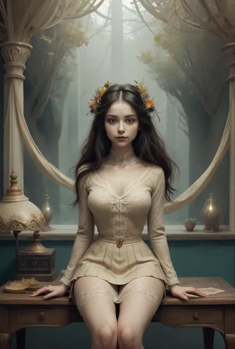 concept art style <lora:6ParDet-ColCin-nM-:0.42>, Intricate Floral Art Nouveau Style, Elegant and flowing lines, intricate and detailed floral patterns, organic and natural forms, soft and harmonious color palettes, stylized and graceful motifs, ornamental and decorative elements, fluid and curvilinear shapes, symmetrical and balanced compositions, influences from nature and botanical illustrations, ethereal and romantic atmosphere, emphasis on beauty and aesthetics, rich and elaborate textures, timeless and classic appeal, evokes a sense of sophistication and refinement., Settling into her seat at the desk, the new teacher exudes quiet confidence. Her slim figure speaks volumes of purpose and authority. Donning professional attireâa fitted silk blazer, a skirt delicately embroidered with lace, and (subtly patterned lace stockings)âshe maintains a commanding presence even while seated. Her smile is warm and inviting, encouraging students to approach her. Despite her slender frame, she emanates a fragile yet unmistakably perky feminine presence that garners admiration from all. . fantasy concept art, imaginative and creative elements, mythical, magical, supernatural, intricate patterns, textures, and ornamental elements, vibrant colors to enhance the otherworldly feel, wide range of hues, from bright and saturated to dark and moody tones, mood and atmosphere, dramatic contrasts, soft glows, and ethereal light, enchanted, weeping scenes with a sense of scale and grandeur, vast landscapes, towering structures, and epic, ancient, mist, fog, sparkles, fantasy feel, symbolic and allegorical elements, mythological, folkloric, literary references, dynamic and expressive, conveying action, emotion, and narrative, exaggerated features or proportions