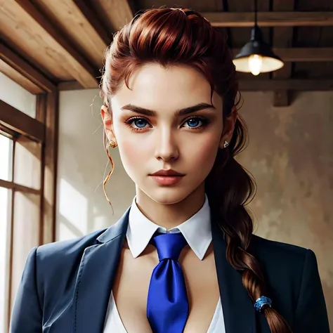 cviperms, woman, necktie, necktie between breasts, crop top, cleavage, blue eyes, close up face shot,
standing, indoors, simple background, looking at viewer, serious,
hdr, extremely detailed, warm ambiance, <lora:CViper:.8>