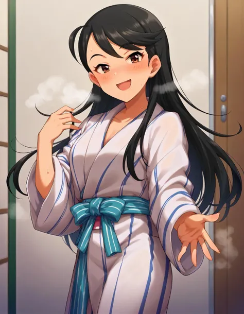 score_9,score_8_up,score_7_up,1girl,solo,cowboy shot,looking at viewer,smile,open mouth,indoors,
<lora:kirinoaya_ponyXLV6:0.8>,cgkray,black hair,long hair,brown eyes,blush,steam,
yukata