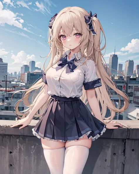 anchoragess, 1girl, large breasts, <lora:AnchorageBeta2fix:0.8>,((school uniform)), standing,outdoors,cityscape, ((collared_shirt)),white legwear,cowboy shot, short sleeves,