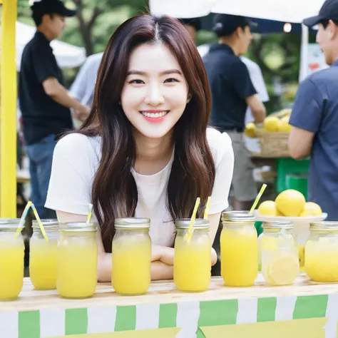 a photo of irene, ohwx woman, at a lemonade stand, smile, best quality, beautiful face <lora:irene_SDXL:0.8>