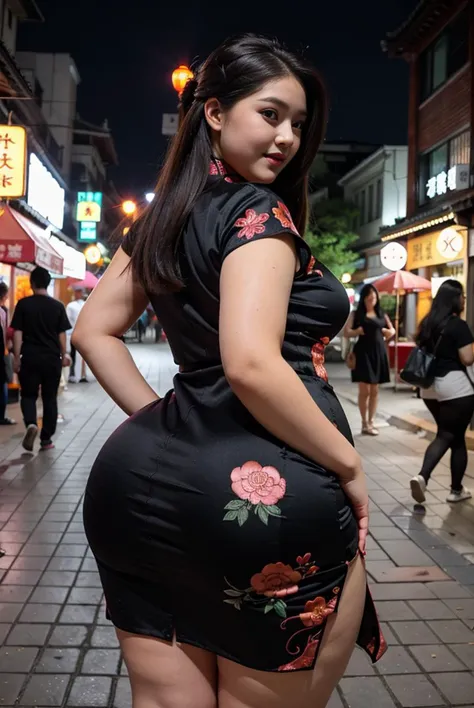 (realistic) (detailed) Standing behind chinese woman that is squatting over wearing a long body hugging dress with sleeves, showing rear view, red long dress