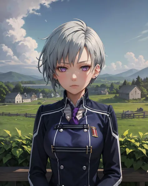 best quality, (masterpiece:1.2), illustration, absurdres,
(1girl, solo), (beautiful detailed girl),
<lora:Valerie-08:0.8>, Valerie, grey hair, purple eyes, purple ear studs,
blue military uniform, long sleeves, purple neckwear, black thighhighs, garter straps, boots,
medieval farming village, farm, clouds, sky,
lying,
(upper body, portrait),,
gloomy, looking at viewer