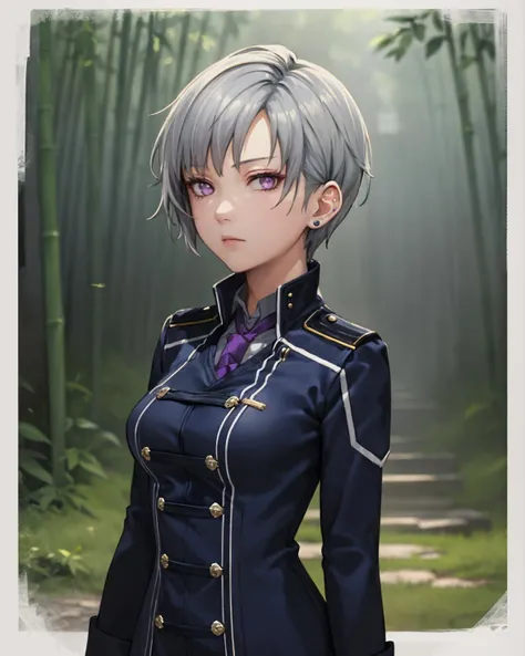 best quality, (masterpiece:1.2), illustration, absurdres,
(1girl, solo), (beautiful detailed girl),
<lora:Valerie-08:0.8>, Valerie, grey hair, purple eyes, purple ear studs,
blue military uniform, long sleeves, purple neckwear, black thighhighs, garter straps, boots,
in bamboo forest, chinese architecture, stream,,
on side,
(upper body, portrait),,
gloomy, looking at viewer
