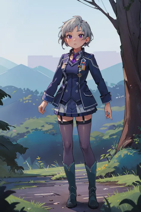 ((masterpiece)), (best quality), official art, extremely detailed CG, unity 8k wallpaper, ultra detailed, highly detailed, detailed background, vivid color, photorealistic, perfect lighting, best illumination,
1girl, solo, grey hair, purple eyes, purple ear studs,
blue military uniform, long sleeves, purple neckwear, black thighhighs, garter straps, boots,
one hand up, 
forest, mountain, night, moon,sexy pose, full body,  (expressionless:1.2),
<lora:Valerie:0.8>
