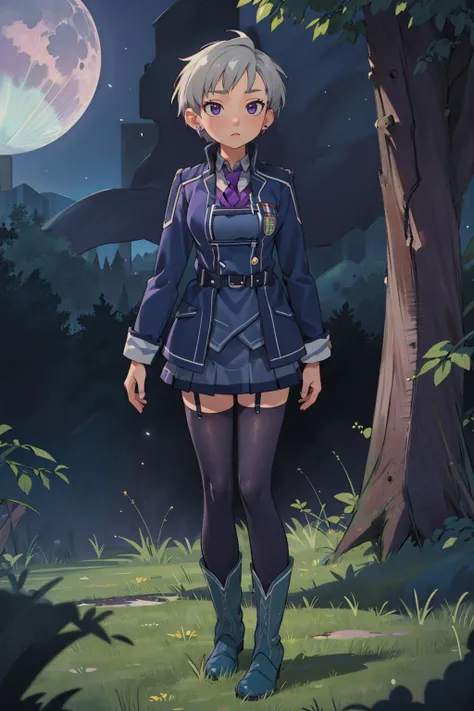 ((masterpiece)), (best quality), official art, extremely detailed CG, unity 8k wallpaper, ultra detailed, highly detailed, detailed background, vivid color, photorealistic, perfect lighting, best illumination,
1girl, solo, grey hair, purple eyes, purple ear studs,
blue military uniform, long sleeves, purple neckwear, black thighhighs, garter straps, boots,
one hand up, 
forest, mountain, night, moon,sexy pose, full body,  (expressionless:1.2),
<lora:Valerie:0.8>