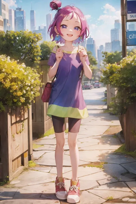 ojsgwopcs, smile, standing, city, colorful <lora:segawa-onpu-casual:1>