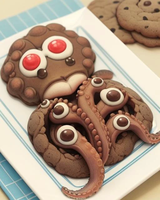 <lora:JarringlyWholesome_1.5:1>,jarringlywholesom, a octopus shaped cookies