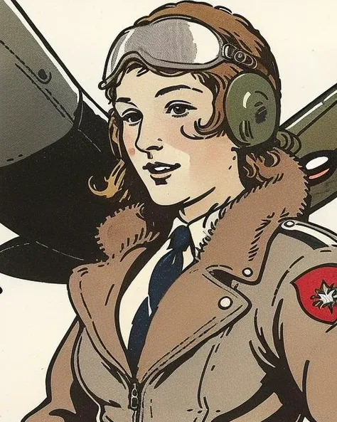 <lora:JarringlyWholesome:1> illustration,  jarringlywholesome close shot in the cockpit of a spitfire aeroplane, sexy woman pilot WW1, wearing leather fighter pilot jacket