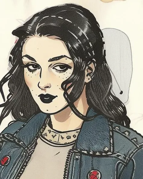 <lora:JarringlyWholesome:1> illustration, jarringlywholesome close portrait of a sexy punk woman with long hair, wearing , studded goth, denim jacket with pins and jeans