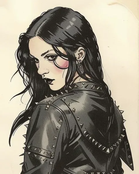 <lora:JarringlyWholesome:1> illustration, jarringlywholesome close portrait of a sexy punk goth woman wearing a spiked studded black leather jacket at the mall, long hair