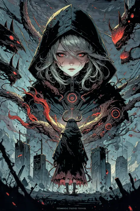 (masterpiece:1), (best quality:1), high contrast, strong shadows, outlines, <lora:graphicNovelStyle_v10:0.2>,
1 girl, adult (elven:0.7) woman, freckles, red eyes, black short hair, ombre,
<lora:GoodHands-beta2:0.8>,
solo, half shot, looking away, detailed background, detailed face, (<lora:DemonicTech:0.6>, scifi, demonictech theme:1.1),mournful, ethereal soul reaper, hooded, white clothes, arm reaching towards viewer, omen, graveyard in background, aura of fate, rats in background, , wisps of cold smoke , dark clouds, low light, mysterious lighting, sinister dark mysterious atmosphere,