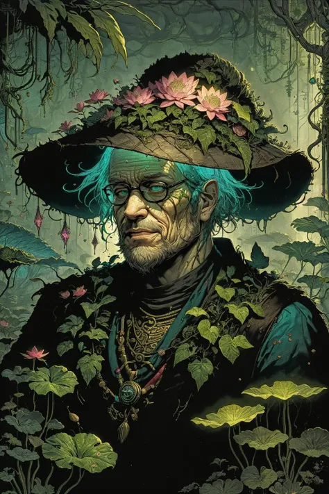 (masterpiece:1), (best quality:1), high contrast, strong shadows, outlines, <lora:graphicNovelStyle_v10:0.2>,
(1man, wrinkled face, old british male:1.2), frail, turquoise eyes, graying hair, thick beard,
<lora:GoodHands-beta2:0.8>,
(style-swirlmagic:0.8), focus on character, portrait, solo, upper body, looking away, detailed background, detailed face, (<lora:BiophyllTech:0.6>, fully-organic, bioluminescent, BiophyllTech theme:1.1), smile, botanist, roots, greenery, magical plants, colorful plants, glowing plants, magic, green color scheme, lotus, herbs, seeds, ferns, science, botanical laboratory in background, low light, magical atmosphere,