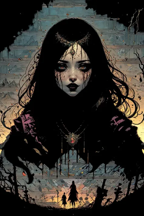 (masterpiece:1), (best quality:1), high contrast, strong shadows, outlines, <lora:graphicNovelStyle_v10:0.2>, <lora:realistic:0.3>, <lora:sharpen-soften:-0.3>,
<lora:GoodHands-beta2:0.8>,
1 girl, adult  woman,  pink eyes, light brown beach waves hair, 
Style-GravityMagic, portrait, solo, (full body:0.6), looking down, detailed background, detailed face, ((DarkFantasy:0.8), dark fantasy theme:1.1) vampire,  bloodthirsty, pale skin, vampire fangs, flowing [dark:dark red:5] clothes,   high collars, pendant, brooding, evil expression, blood stains, haunting, supernatural abilities, otherworldly aura, magical red glow,  cobwebs, dark castle in background,  dark clouds,   fog, shadows, mysterious atmosphere,