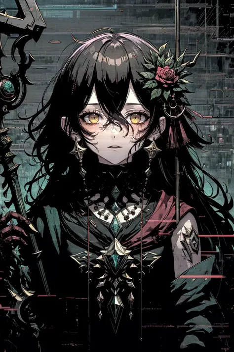 best quality, masterpiece, 1 girl, adult woman, dark brown eyes, yellow messy hair, focus on character, solo, (style-swirlmagic:0.8), solo, upper body, looking up, detailed face, <lora:MalwareTech-22:0.6>, malware glitch, cyberpunk, matwaretech theme, cosmic thief, 40%(glowing eyes:1.0), (radiant inspiration,:1.05), gazing into the distance, orange 3%patched garments, sash, pearl bauble of the ethereal 20%brandishing glowing staff of harmony, engulfed in celestial tornadoes, arcane ciphers, biomechanical embellishments, 20%bloody claw marks, dark green color palette, outdoors, leaves,,plants,,vegetation glacial mountain in background, enchanted fog, dim ambience,