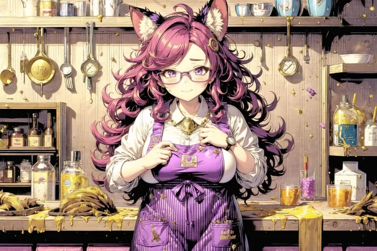 (masterpiece:1), (best quality:1),1girl, spiky hair, chest-length hair, magenta hair, hair feathers hair, curly hair ends, hair glitter hair, lavender eyes, chubby cheeks, red apron, gold harem outfit, satin, denim, striped, watch, round eyewear, animal print