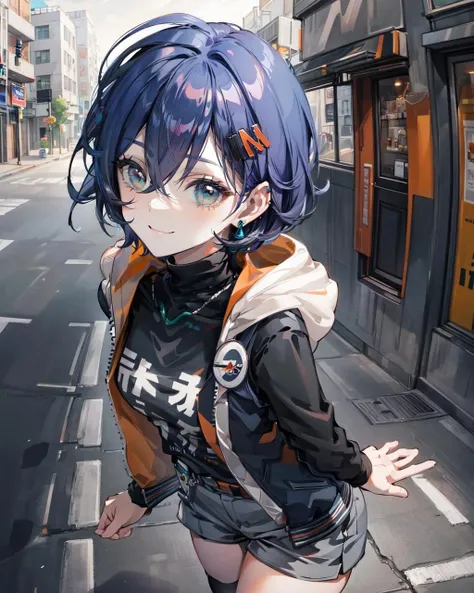 (masterpiece: 1.2), (best quality: 1.3), (clear details: 1.3), ((((ultra-detailed)))), ((detailed eyes)), (extremely detailed face:1.4), (highly detailed eyelash:1.6), highly detailed eyes, sharp details, high contrast, (shiny skin), elegant, elegant face, <lora:æ¦å¿µ-more_details:0.2>,
<lora:Belle-000012:0.6>, 1girl, solo, jacket, blue hair, hood, jewelry, earrings, hair ornament, bangs, short hair, shirt, hair between eyes, black shirt, hoodie, hair behind ear, hairclip, green eyes, black jacket, black sweater, open clothes, (short shorts),
(seductive smile), evil smile, looking at viewer, facing viewer, (full body: 1.2),
outdoors, (street, in alley: 1.21),