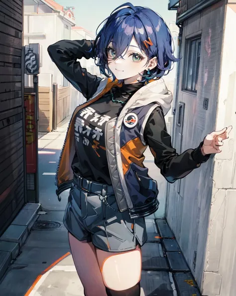 (masterpiece: 1.2), (best quality: 1.3), (clear details: 1.3), ((((ultra-detailed)))), ((detailed eyes)), (extremely detailed face:1.4), (highly detailed eyelash:1.6), highly detailed eyes, sharp details, high contrast, (shiny skin), elegant, elegant face, <lora:æ¦å¿µ-more_details:0.2>,
<lora:Belle-000012:0.6>, 1girl, solo, jacket, blue hair, hood, jewelry, earrings, hair ornament, bangs, short hair, shirt, hair between eyes, black shirt, hoodie, hair behind ear, hairclip, green eyes, black jacket, black sweater, open clothes, (short shorts),
(seductive smile), evil smile, looking at viewer, facing viewer, (full body: 1.2), (arms behind head),
outdoors, (street, in alley: 1.21),