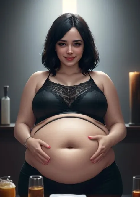 art by kipteitei, 1girl, black hair, elegance, paparazzi, smiling, hands, chubby, belly <lora:kipteitei:0.7>, pretty face, nose, lips, beautiful eyes, (best quality, masterpiece, 4k, ultra detailed, sharp focus), (realistic:1.2), professional photograph, sharp focus, dramatic, award winning, cinematic lighting, octane render, unreal engine, volumetrics dtx
