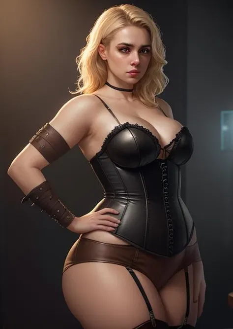art by kipteitei, 1girl, blonde, leather corset, chubby <lora:kipteitei:0.7>, pretty face, nose, lips, beautiful eyes, (best quality, masterpiece, 4k, ultra detailed, sharp focus), (realistic:1.2), professional photograph, sharp focus, dramatic, award winning, cinematic lighting, octane render, unreal engine, volumetrics dtx