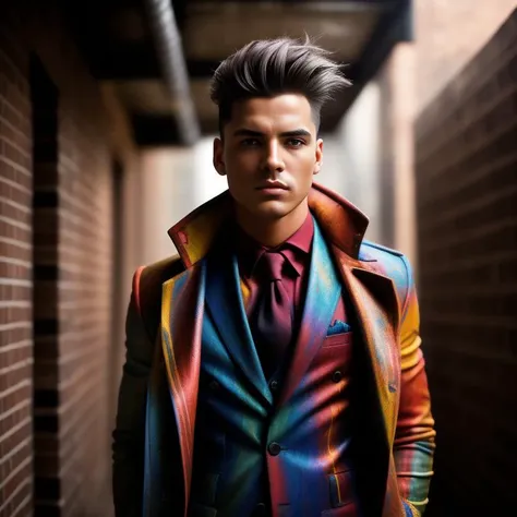 A cinematic and dramatic photograph inspired by the style of David Bailey. The male model stands against a rugged brick wall, his body covered in multi-colored paint. He wears a tailored suit with vibrant patterns that enhance the paint colors. His hairstyle is sharp and refined. The environment is a gritty industrial setting with dim lighting and dramatic shadows. The camera angle is low and tilted upward, capturing the model's commanding presence. ISO 400, shutter speed 1/500, focal length 35mm, shallow depth of field. The image is captured during the evening, with moody lighting intensifying the atmosphere
<lora:PaintSplashV1:0.7> 11Paint65Splash99