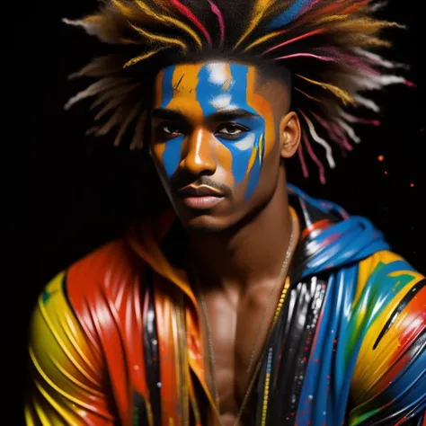 A bold and powerful photograph in a high contrast color style. The male model's upper body is covered in multi-colored paint, creating striking and dynamic patterns. He poses against a clean, black backdrop, allowing the paint to take center stage. His clothing is minimal, emphasizing the vibrant paint. His hair is styled in a sleek and edgy manner. The lighting is dramatic, with strong shadows and highlights that enhance his sculpted physique. The camera angle is slightly angled, capturing the model's confident expression. ISO 400, shutter speed 1/250, focal length 50mm, moderate depth of field.
<lora:PaintSplashV1:0.7> 11Paint65Splash99