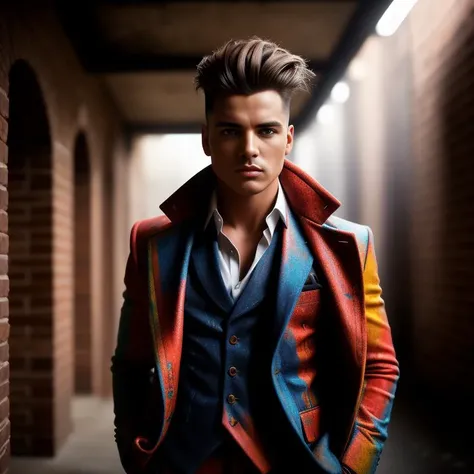 A cinematic and dramatic photograph inspired by the style of David Bailey. The male model stands against a rugged brick wall, his body covered in multi-colored paint. He wears a tailored suit with vibrant patterns that enhance the paint colors. His hairstyle is sharp and refined. The environment is a gritty industrial setting with dim lighting and dramatic shadows. The camera angle is low and tilted upward, capturing the model's commanding presence. ISO 400, shutter speed 1/500, focal length 35mm, shallow depth of field. The image is captured during the evening, with moody lighting intensifying the atmosphere
<lora:PaintSplashV1:0.5> 11Paint65Splash99