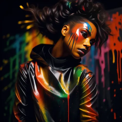 A dramatic and intense photograph in a dark and moody color style. The female model's upper body is covered in multi-colored paint, creating a striking and mysterious appearance. She poses against a dimly lit backdrop, emphasizing the contrast between the paint and the darkness. She wears a sleek and edgy outfit that enhances the paint colors. Her hair is styled in a bold and dramatic way. The lighting is focused and dramatic, highlighting the contours and textures of the paint. The camera angle is low, capturing the model's intense gaze. ISO 800, shutter speed 1/250, focal length 50mm, shallow depth of field.
<lora:PaintSplashV1:1> 11Paint65Splash99