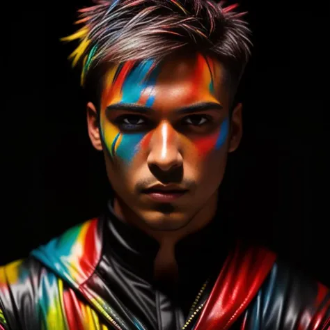 A dramatic and intense photograph in a dark and moody color style. The male model's upper body is covered in multi-colored paint, creating a visually striking and mysterious appearance. He poses against a dimly lit backdrop, adding to the dramatic ambiance. He wears a sleek and edgy outfit that enhances the paint colors. His hair is styled in a bold and sculpted fashion. The lighting is focused and dramatic, creating strong contrasts and accentuating his features. The camera angle is low, capturing his intense gaze. ISO 800, shutter speed 1/250, focal length 50mm, shallow depth of field.
<lora:PaintSplashV1:0.5> 11Paint65Splash99