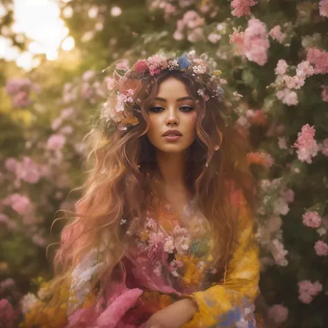 A surreal and dreamlike photograph in a vivid color style. The female model stands amidst a lush garden, her body covered in vibrant paint that blends seamlessly with the surrounding flowers. The paint creates intricate patterns and designs, turning the model into a living work of art. She wears a flowing and ethereal gown that matches the color palette of the paint. Her hair is styled in loose waves, adorned with flowers. The camera angle is eye level, capturing the model's serene expression. ISO 200, shutter speed 1/250, focal length 85mm, shallow depth of field. The image is captured during the golden hour, with warm and soft lighting.
 <lora:PaintSplashV1:1> 11Paint65Splash99