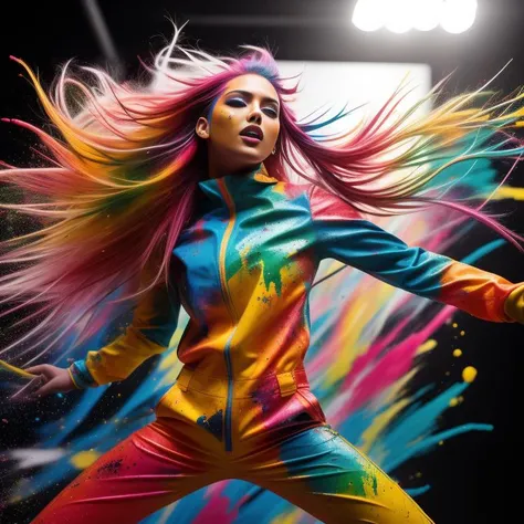 A dynamic and energetic photograph with a vibrant color style. The female model is completely covered in multi-colored paint, creating an explosion of color. She poses in mid-action, with paint splatters frozen in the air around her. She is wearing a tight white jumpsuit, allowing the paint to be the focal point. Her hair is styled in a sleek and bold fashion. The environment is a white studio with ample space for the model to move freely. The camera angle is slightly elevated, capturing the model's dynamic movements. ISO 400, shutter speed 1/500, focal length 50mm, moderate depth of field. The image is captured under bright and even studio lighting.
<lora:PaintSplashV1:0.7>