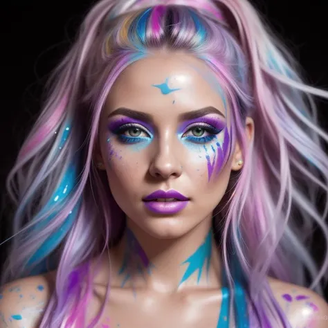 An enchanting and vibrant full-color upper body portrait of a female model with white hair, adorned with streaks of bold and contrasting paint. She wears a striking blue gown, intricately decorated with splatters of purple and pink paint. Her face is clear and only has subtle colors of paint around her eyes. The background showcases a backdrop of a waterfall, creating a harmonious blend of natural and artistic elements. The epic character composition, combined with sharp focus and bright natural lighting, brings the captivating image to life. The subsurface scattering effect adds a touch of ethereal glow, while the f2 aperture and 35mm lens create a perfect balance of depth and detail.
<lora:PaintSplashV1:0.5> 11paint65splash99, (freckles:0.8), (lips parted), realistic eyes, POV, realistic[:, (film grain, 25mm, f/1.2, dof, bokeh, beautiful symmetrical face, perfect sparkling eyes, well defined pupils, high contrast eyes, ultra detailed skin, skin pores, vellus hair, fabric stitching, fabric texture, finely detailed features:1):0.9]