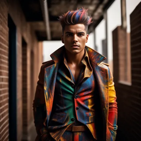 A cinematic and dramatic photograph inspired by the style of David Bailey. The male model stands against a rugged brick wall, his body covered in multi-colored paint. He wears a tailored suit with vibrant patterns that enhance the paint colors. His hairstyle is sharp and refined. The environment is a gritty industrial setting with dim lighting and dramatic shadows. The camera angle is low and tilted upward, capturing the model's commanding presence. ISO 400, shutter speed 1/500, focal length 35mm, shallow depth of field. The image is captured during the evening, with moody lighting intensifying the atmosphere
<lora:PaintSplashV1:1> 11Paint65Splash99