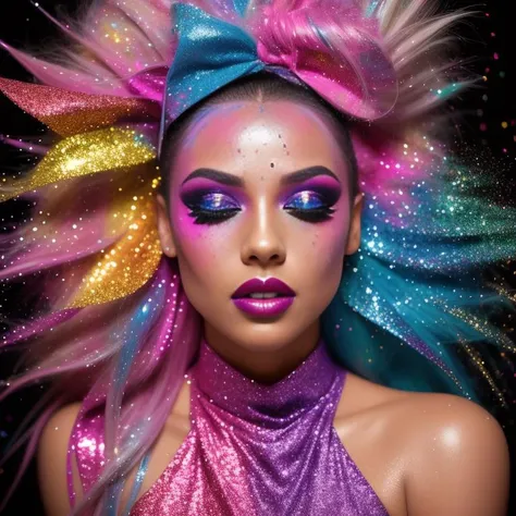 An upper body photo of a female model with glitter paint makeup and vibrant paint splashes covering her breast. Her upper body is a canvas of artistic expression, with splashes of colorful paint creating a dynamic and energetic composition. The glitter paint on her face adds a touch of sparkle and glamour to her look. Her eyes are accentuated with shimmering eyeshadow, and her lips are adorned with glossy glitter. The lighting is focused, emphasizing the intricate details of the paint and makeup. The camera angle is slightly tilted, capturing her confident and artistic expression. ISO 400, shutter speed 1/250, focal
<lora:PaintSplashV1:0.7> 11Paint65Splash99