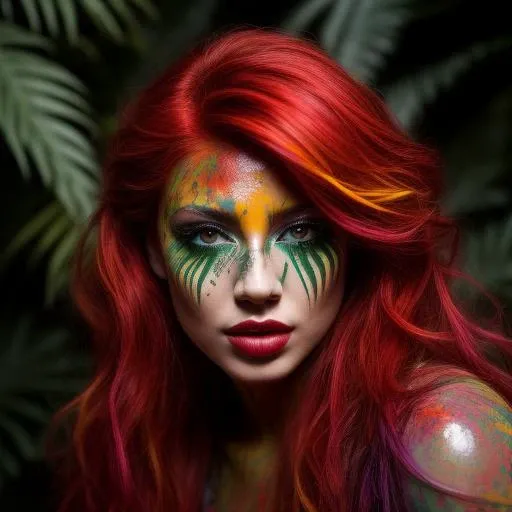 An enchanting and vibrant full-color upper body portrait of a female model with fiery red hair, adorned with streaks of bold and contrasting paint. She wears a striking emerald green gown, intricately decorated with splatters of yellow and purple paint. Her face is clear and only has subtle colors of paint around her eyes. The background showcases a backdrop of lush tropical foliage, creating a harmonious blend of natural and artistic elements. The epic character composition, combined with sharp focus and bright natural lighting, brings the captivating image to life. The subsurface scattering effect adds a touch of ethereal glow, while the f2 aperture and 35mm lens create a perfect balance of depth and detail.
<lora:PaintSplashV1:0.5> 11paint65splash99, (freckles:0.8), (lips parted), realistic eyes, POV, realistic[:, (film grain, 25mm, f/1.2, dof, bokeh, beautiful symmetrical face, perfect sparkling eyes, well defined pupils, high contrast eyes, ultra detailed skin, skin pores, vellus hair, fabric stitching, fabric texture, finely detailed features:1):0.9]