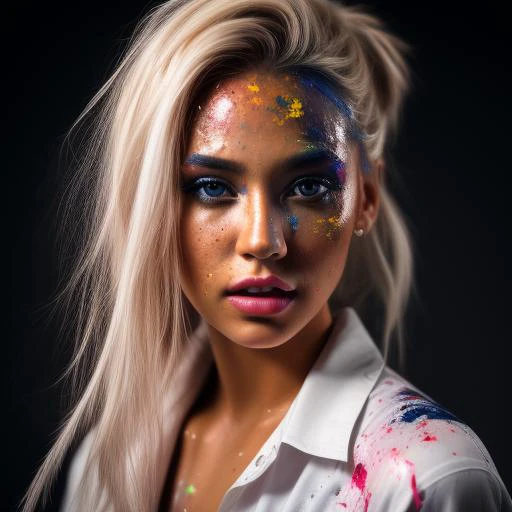 A stunning intricate full color portrait of a female model with blond hair, wearing a white shirt covered in paint, epic character composition, sharp focus, bright natural lighting, subsurface scattering, f2, 35mm
 <lora:PaintSplashV1:0.5> 11paint65splash99, (freckles:0.8), (lips parted), realistic eyes, POV, realistic[:, (film grain, 25mm, f/1.2, dof, bokeh, beautiful symmetrical face, perfect sparkling eyes, well defined pupils, high contrast eyes, ultra detailed skin, skin pores, vellus hair, fabric stitching, fabric texture, finely detailed features:1):0.9]