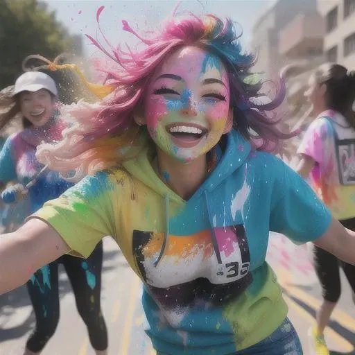 A photo of a woman laughing uproariously as she engages in a paint fight with friends. Her clothes are drenched in an explosion of vibrant colors, with paint splatters decorating her face and hair. The outdoor environment is filled with energy and excitement, capturing the carefree joy of the moment. The camera angle freezes the action, capturing the playful chaos and the genuine happiness on her face.
<lora:PaintSplashV1:0.5> 11paint65splash99