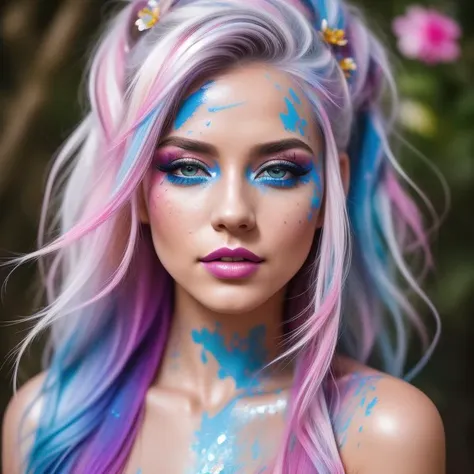 An enchanting and vibrant full-color upper body portrait of a female model with white hair, adorned with streaks of bold and contrasting paint. She wears a striking blue gown, intricately decorated with splatters of purple and pink paint. Her face is clear and only has subtle colors of paint around her eyes. The background showcases a backdrop of a waterfall, creating a harmonious blend of natural and artistic elements. The epic character composition, combined with sharp focus and bright natural lighting, brings the captivating image to life. The subsurface scattering effect adds a touch of ethereal glow, while the f2 aperture and 35mm lens create a perfect balance of depth and detail.
<lora:PaintSplashV1:0.5> 11paint65splash99, (freckles:0.8), (lips parted), realistic eyes, POV, realistic[:, (film grain, 25mm, f/1.2, dof, bokeh, beautiful symmetrical face, perfect sparkling eyes, well defined pupils, high contrast eyes, ultra detailed skin, skin pores, vellus hair, fabric stitching, fabric texture, finely detailed features:1):0.9]