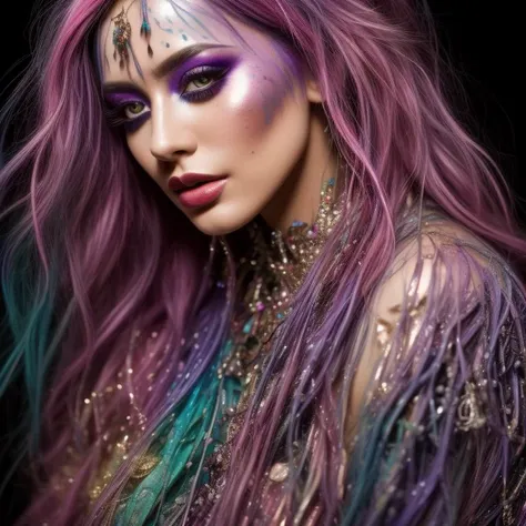 An enchanting and vibrant close up portrait of a female model with purple hair, adorned with streaks of bold and contrasting pink and blue paint. She wears a captivating green dress, intricately designed with delicate details. Her face is clear and radiates a subtle glow, with vivid purple eyes that add a mesmerizing charm to her appearance. The background showcases a blurry cityscape, creating a dynamic backdrop that complements the model's elegance. The epic character composition, combined with sharp focus and natural lighting, brings the captivating image to life. The subsurface scattering effect adds a touch of ethereal glow, while the f2 aperture and 35mm lens create a perfect balance of depth and detail.
<lora:PaintSplashV1:0.7> 11paint65splash99
