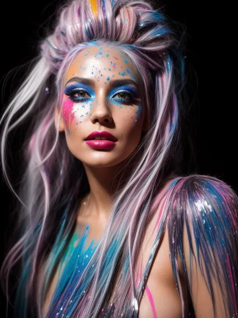 An enchanting and vibrant full-color upper body portrait of a female model with white hair, adorned with streaks of bold and contrasting paint. She wears a striking blue gown, intricately decorated with splatters of purple and pink paint. Her face is clear and only has subtle colors of paint around her eyes. The background showcases a backdrop of a waterfall, creating a harmonious blend of natural and artistic elements. The epic character composition, combined with sharp focus and bright natural lighting, brings the captivating image to life. The subsurface scattering effect adds a touch of ethereal glow, while the f2 aperture and 35mm lens create a perfect balance of depth and detail.
<lora:PaintSplashV1:0.5> 11paint65splash99, (freckles:0.8), (lips parted), realistic eyes, POV, realistic[:, (film grain, 25mm, f/1.2, dof, bokeh, beautiful symmetrical face, perfect sparkling eyes, well defined pupils, high contrast eyes, ultra detailed skin, skin pores, vellus hair, fabric stitching, fabric texture, finely detailed features:1):0.9]