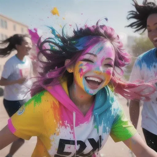 A photo of a woman laughing uproariously as she engages in a paint fight with friends. Her clothes are drenched in an explosion of vibrant colors, with paint splatters decorating her face and hair. The outdoor environment is filled with energy and excitement, capturing the carefree joy of the moment. The camera angle freezes the action, capturing the playful chaos and the genuine happiness on her face.
<lora:PaintSplashV1:0.5> 11paint65splash99