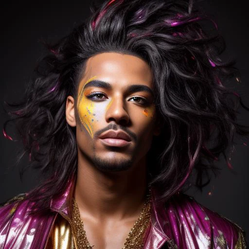A breathtaking detailed upper body portrait of a male model with long curly black hair with streaks of silver paint, wearing a vibrant red suit covered in gold and purple paint, against a backdrop of a swirling galaxy. The composition is epic, with sharp focus, bright natural lighting, and a touch of subsurface scattering, captured with an f2 lens at 35mm.
<lora:PaintSplashV1:0.5> 11paint65splash99, (freckles:0.8), (lips parted), realistic eyes, POV, realistic[:, (film grain, 25mm, f/1.2, dof, bokeh, beautiful symmetrical face, perfect sparkling eyes, well defined pupils, high contrast eyes, ultra detailed skin, skin pores, vellus hair, fabric stitching, fabric texture, finely detailed features:1):0.9]