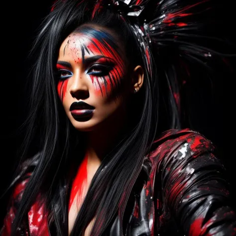 An enchanting and vibrant full-color full body portrait of a female model with black hair, adorned with streaks of bold and contrasting paint. She wears a striking red gown, intricately decorated with splatters of white and black paint. Her face is clear and only has subtle colors of paint around her eyes. The background showcases a backdrop of a city, creating a harmonious blend of natural and artistic elements. The epic character composition, combined with sharp focus and natural lighting, brings the captivating image to life. The subsurface scattering effect adds a touch of ethereal glow, while the f2 aperture and 35mm lens create a perfect balance of depth and detail.
<lora:PaintSplashV1:0.7> 11paint65splash99, Bold and rebellious, high contrast lighting, dramatic shadows, intense expressions, unconventional poses, urban setting, grungy textures, edgy fashion, raw emotions, unconventional composition, Intricate, High Detail, dramatic