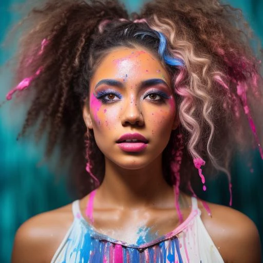 A stunning intricate full color upper body portrait of a female model with brown curly hair with streaks on paint, wearing a white dress covered in pink and blue paint, epic character composition, sharp focus, bright natural lighting, subsurface scattering, f2, 35mm
 <lora:PaintSplashV1:0.5> 11paint65splash99, (freckles:0.8), (lips parted), realistic eyes, POV, realistic[:, (film grain, 25mm, f/1.2, dof, bokeh, beautiful symmetrical face, perfect sparkling eyes, well defined pupils, high contrast eyes, ultra detailed skin, skin pores, vellus hair, fabric stitching, fabric texture, finely detailed features:1):0.9]